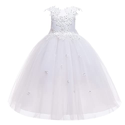 Vestido de Princesa de Tul Bordada para Niñas Vestido de Boda de Bautismo con Perlas de Imitación Primera Comunion Vestidos Niña Fiesta Blanco 13-14 Años