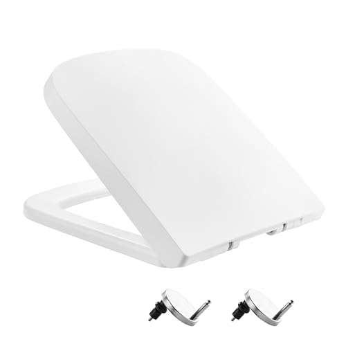 Asiento de inodoro cuadrado de cierre suave, asiento de inodoro blanco con liberación rápida y bisagras ajustables para una fácil limpieza, fijación superior simple, tapa de inodoro antibacteriana,