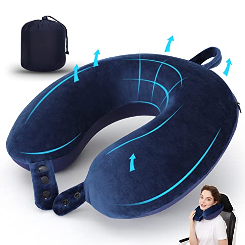 Almohada de cuello de viaje de espuma viscoelástica, suave y ajustable para apoyar la cabeza, para el avión, coche y sillón reclinable en casa (azul oscuro)