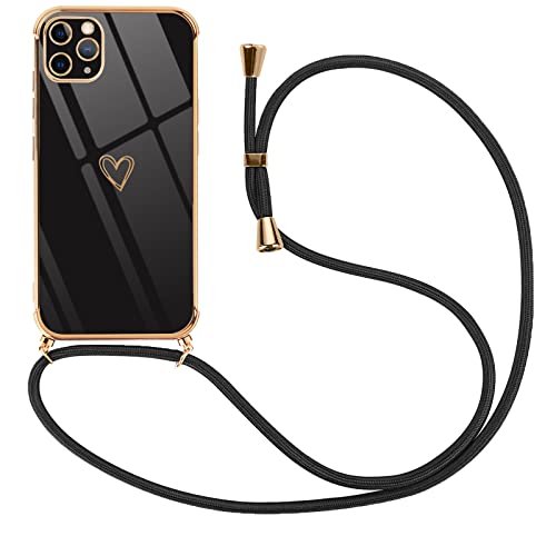 Pnakqil Funda para iPhone 11 Pro MAX con Cuerda, Ultra Fina Silicona Carcasa diseño Patrón de Corazón, Case con Colgante Ajustable Collar Correa para iPhone 11 Pro MAX, Negro