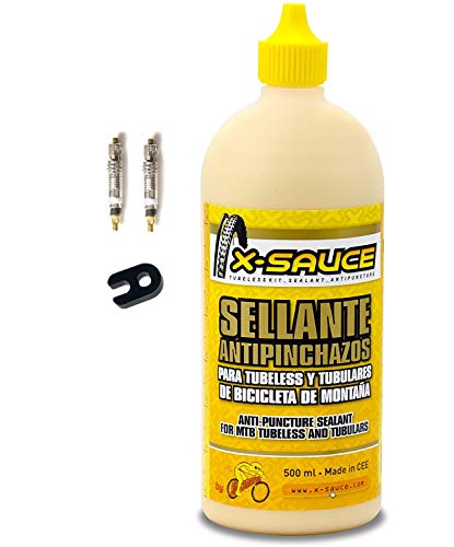 X-Sauce Kit Sellante Anti Pinchazos para Tubeless, Amarillo, 500ml +2 obuses+Llave Desmontar