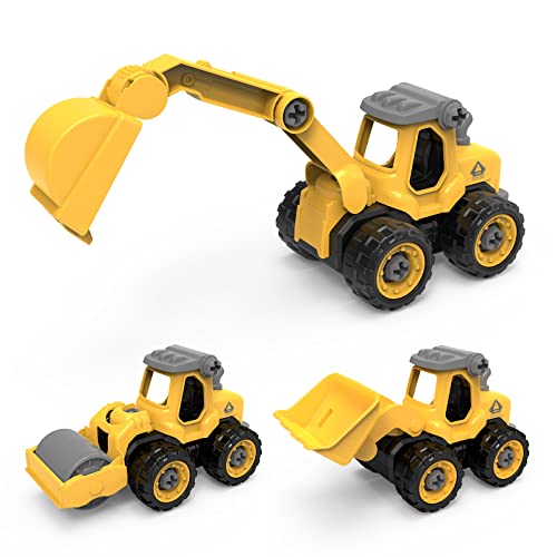 EYLM Vehículo de Construcción Juegetes, 3 en 1 Juguetes Ensamblarde con Tractor con Carga Frontal/Rodillo de Calle/Excavadoras, Juguete Educativo para Niños de 3 4 5 6 años