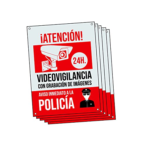 Cartel videovigilancia - Placa alarma conectada - Carteles zona videovigilada - Aviso a la Policía 20x15 cm Rojo Interior/Exterior (5 Piezas Cartel videovigilancia)