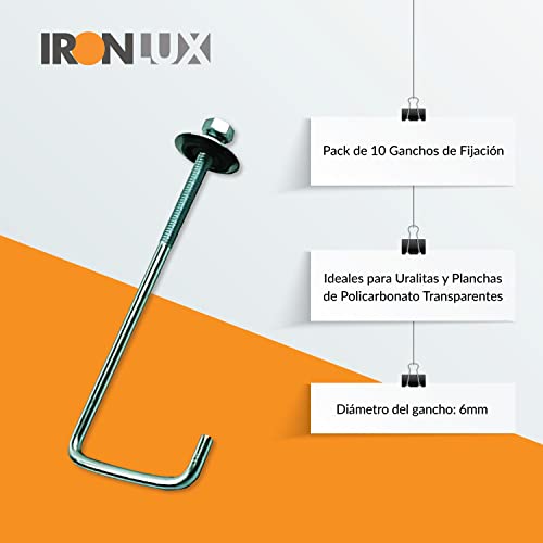 IRONLUX - Pack 10 Ganchos de Fijación - Ideales para Uralitas y Planchas de Policarbonato Transparentes - Espesor 6 mm - Medidas 150 x 52 x 20 - Fabricado en Zinc