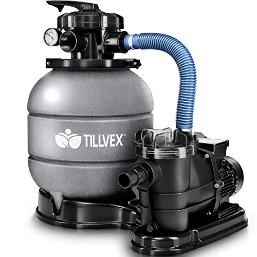 tillvex Depuradora Gris de Agua para Piscina 10 m³/h - 5 Funciones de Filtrado - Bomba de Filtro de Arena con Válvula