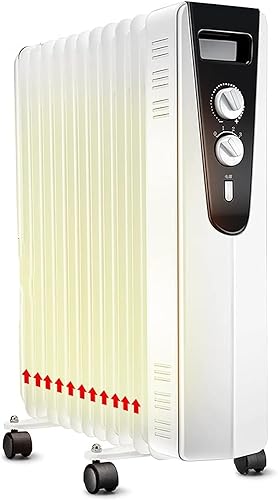 Calentador para el hogar Radiador Lleno de Aceite de 2100 W con 3 configuraciones de Potencia y termostato Ajustable, Calentador eléctrico de 11 Aletas, Blanco
