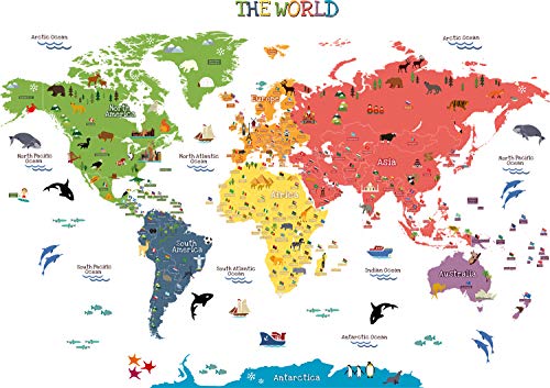 HomeEvolution, Mapa del mundo adhesivo [texto en inglés], de tamaño grande, desmontable, para niños, guardería, sala de juegos, decoración de pared