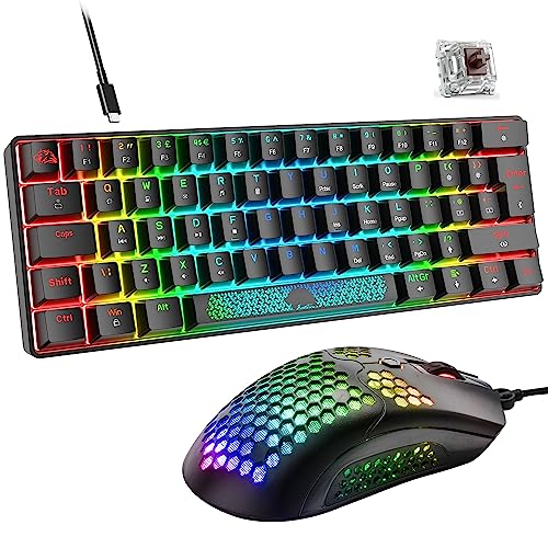 RGB Mini 60% Mechanical Gaming Keyboard UK Layout 62-Key 18 Chroma Backlit Brown Switch Wired Compact Keyboard with Radiant Spacebar+12000DPI 65G Lightweight Gaming Mouse for PS4/Xbox/PC/Laptop-Black