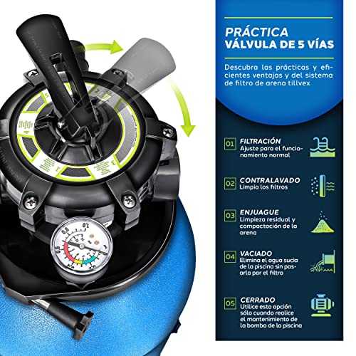 tillvex Depuradora de Agua para Piscina 10 m³/h + 800g Bolas de Filtro - 7 Funciones de Filtrado - Bomba de Filtro de Arena con Válvula (Azul)