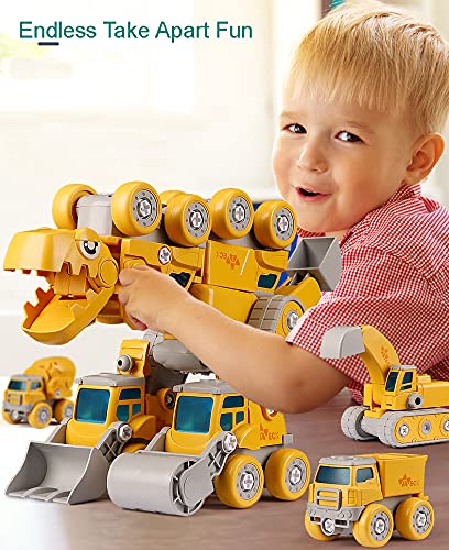 Juguetes de robot de dinosaurio para niños 3 4 5 6 7 8 9 10 años de edad, niños y niñas, 5 en 1, vehículos de construcción desmontables, transforman los coches de juguete de robot de dinosaurio STEM