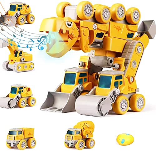 Juguetes de robot de dinosaurio para niños 3 4 5 6 7 8 9 10 años de edad, niños y niñas, 5 en 1, vehículos de construcción desmontables, transforman los coches de juguete de robot de dinosaurio STEM