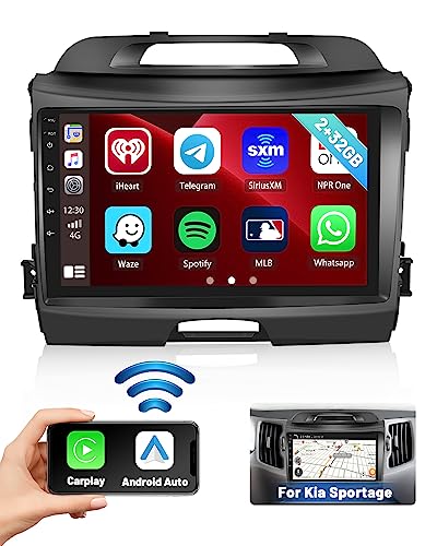 Hikity 9'' Radio Coche Bluetooth Pantalla con GPS para Kia Sportage 2010 2011 2012 2013 2014 2015 2016 Wireless Carplay Android Auto Autoradio con WiFi HiFi RDS Cámara Marcha Atrás Control en Volante