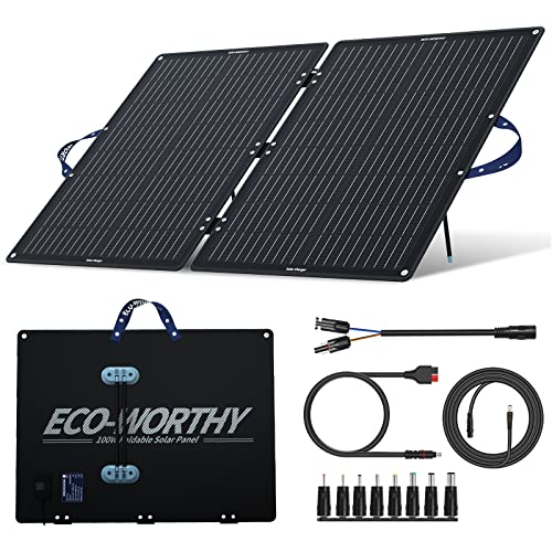 ECO-WORTHY Panel Solar Portatil 100W 12V Plegable Placa Solar Portatil con Soporte Ajustable, para Estación de Energía, Camping, RV, Caravana, Jardín