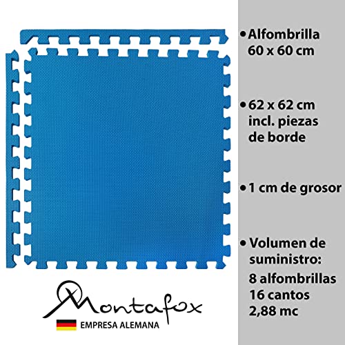 Montafox 2,88 m² Tapiz Piscina 1 cm Grosor Juego de 8 Plancha Azul 60 x 60 cm Suelo Protector Piscina Whirlpool Sistema Enchufable Extensible