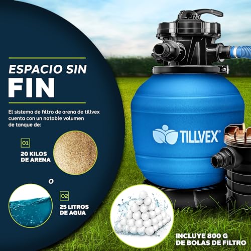 tillvex Depuradora de Agua para Piscina 10 m³/h + 800g Bolas de Filtro - 7 Funciones de Filtrado - Bomba de Filtro de Arena con Válvula (Azul)