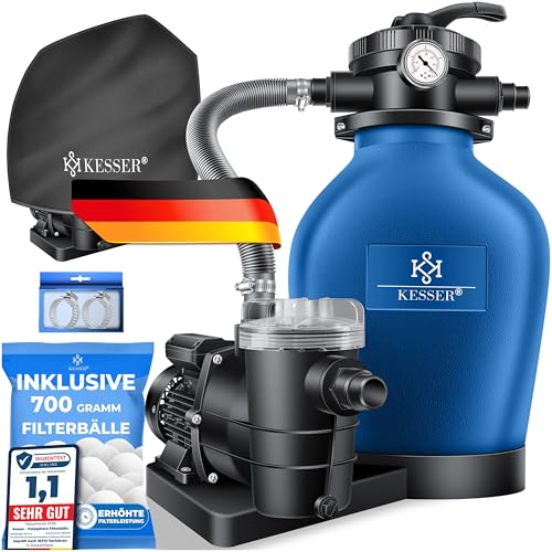 KESSER® Sistema de filtración de Arena Filtro de Arena + 700 g de Bolas de filtración reemplazan 25 kg de Arena de filtración válvula de 4 vías con indicador de presión Filtro de Piscina, Azul