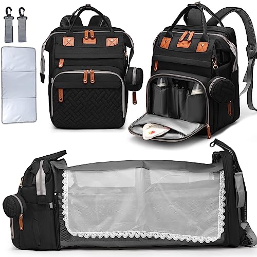 LEcylankEr Mochila cambiador para bebé con cambiador, bolsa de pañales de viaje con cama plegable desmontable, color gris, multifuncional, impermeable, con puerto de carga USB para padres (Negro)