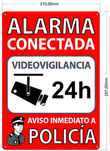 Cartel Disuasorio Interior/Exterior, Placa Disuasoria de PVC Flexible, Cartel Alarma Conectada, 30x21 cm Rojo