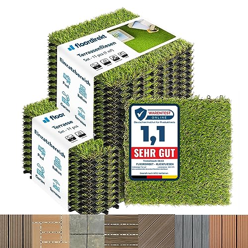 Floordirekt baldosas de césped artificial 30x30cm 2m² = 22 piezas para terrazas, balcones - revestimiento de suelo exterior, baldosas clic con función de drenaje | Grass